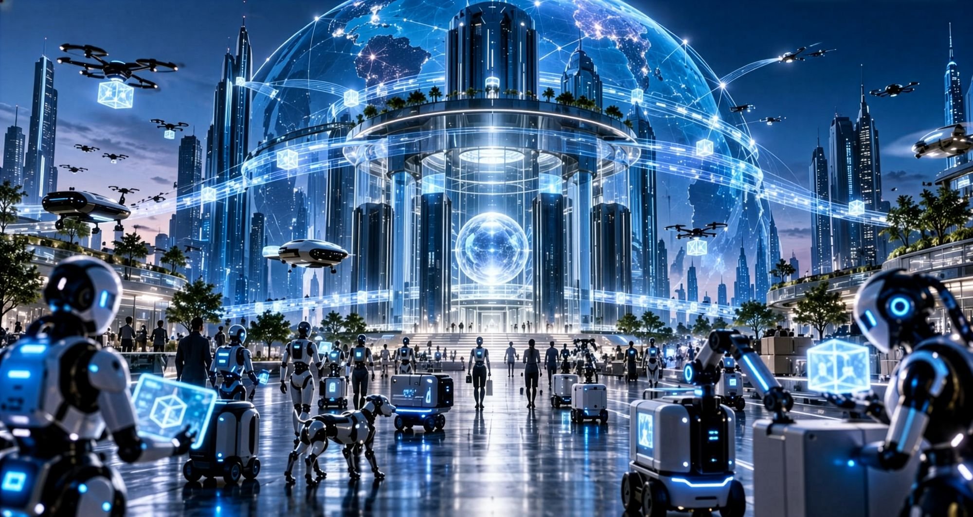 A future city where robots, drones and autonomous vehicles carry out transactions beneath a glowing global network.